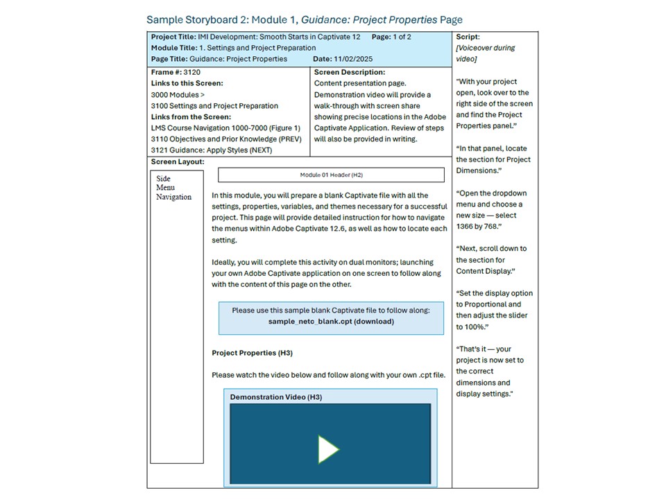 Screenshot of the one of the storyboards for Unit 1 of the Captivate onboarding course package, available under the artifact 'Flowcharts & Storyboards'.