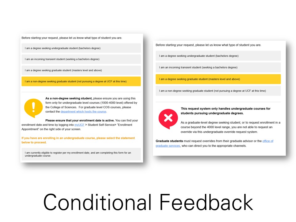 Conditional feedback within redesigned form, providing inline and just-in-time tips to save users time.