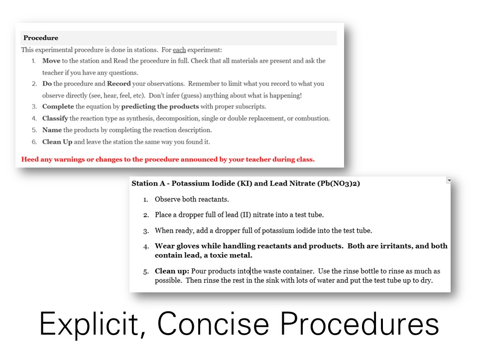 Easy-to-read laboratory procedures, easy to follow for students and easy for teachers to prep.